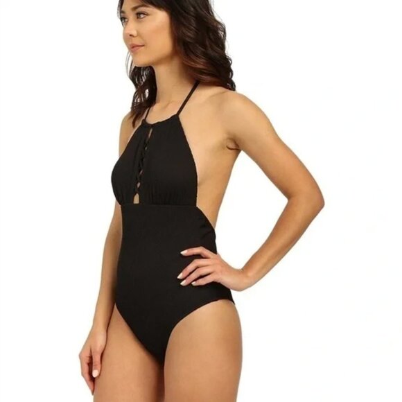 Shoshanna Embossed Rhombus Lattice Front Textured Black Swimsuit Maillot - Picture 3 of 8